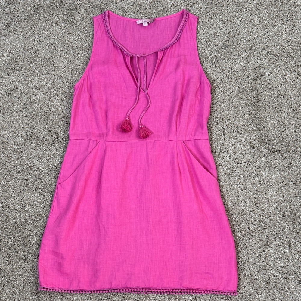 100% Linen Sleeveless Dress with Tassel and Crochet Detail